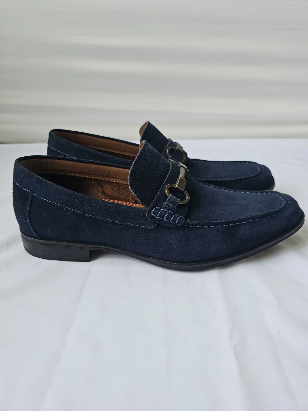 Steve Madden Navy Suede Bit Loafers with Brass Hardware